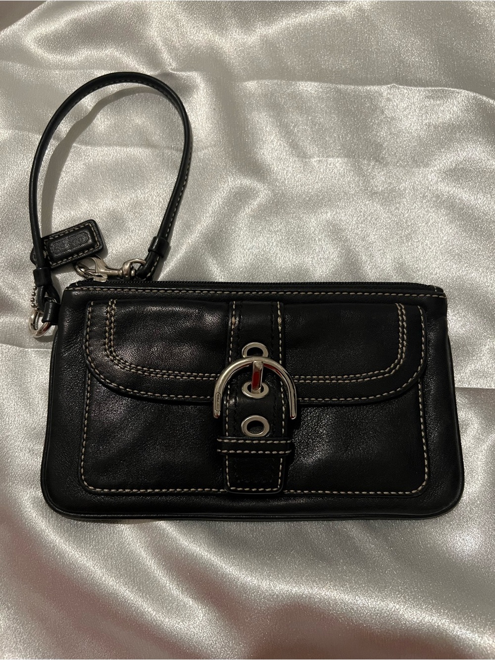 Coach Black Leather Wristlet Clutch with Silver-Tone Buckle